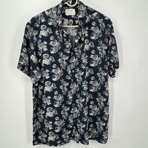 Ricky Singh Zipcode Hawaiian Shirt L Slim Aloha Floral Button‎ Up Soft Blue & Wh